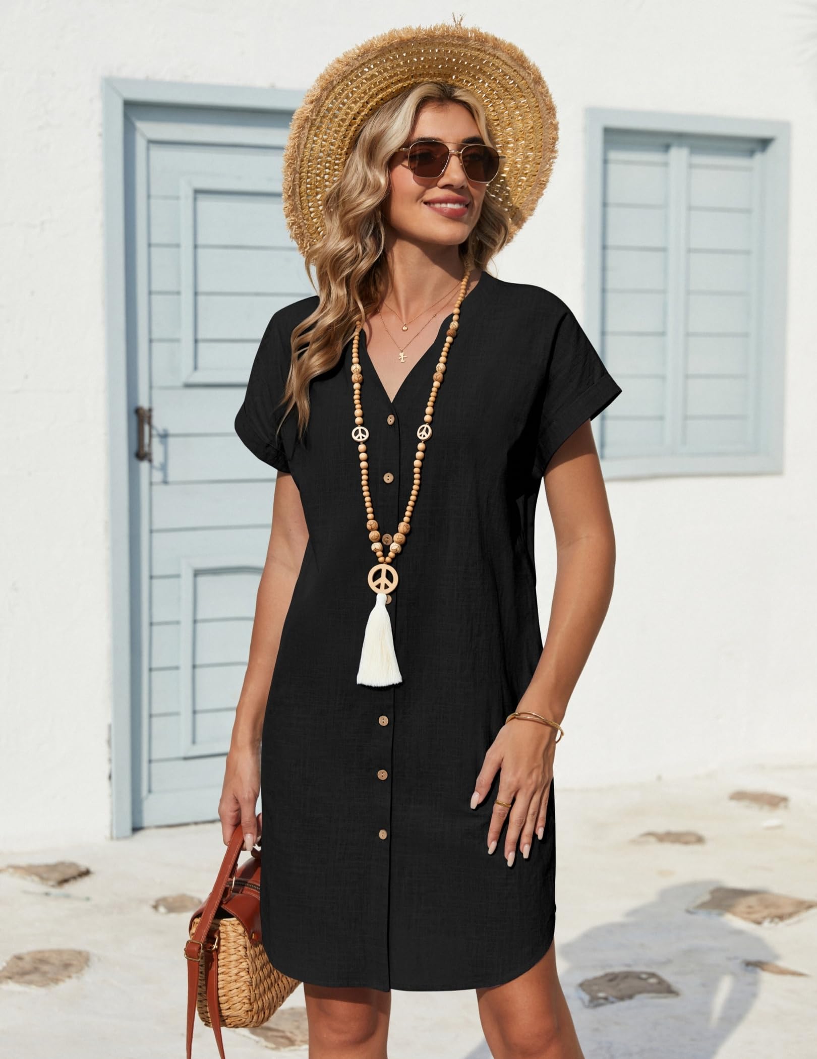 Zeagoo Vestido Mujer Verano Manga Corta Vestidos de Lino Casual Cuello en V Playa Vestido Cortos Camisero Vestidos con Bolsillos S-XXL