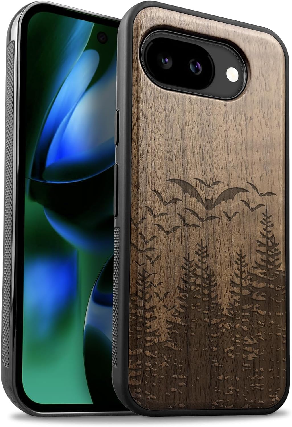 Carveit Magnetic Wooden Case for Google Pixel 10a Case, Wood Artisan Engraved & Soft TPU Shockproof Cover, Compatible with MagSafe Wireless Chargers (Bats Over the Forest) Blackwood