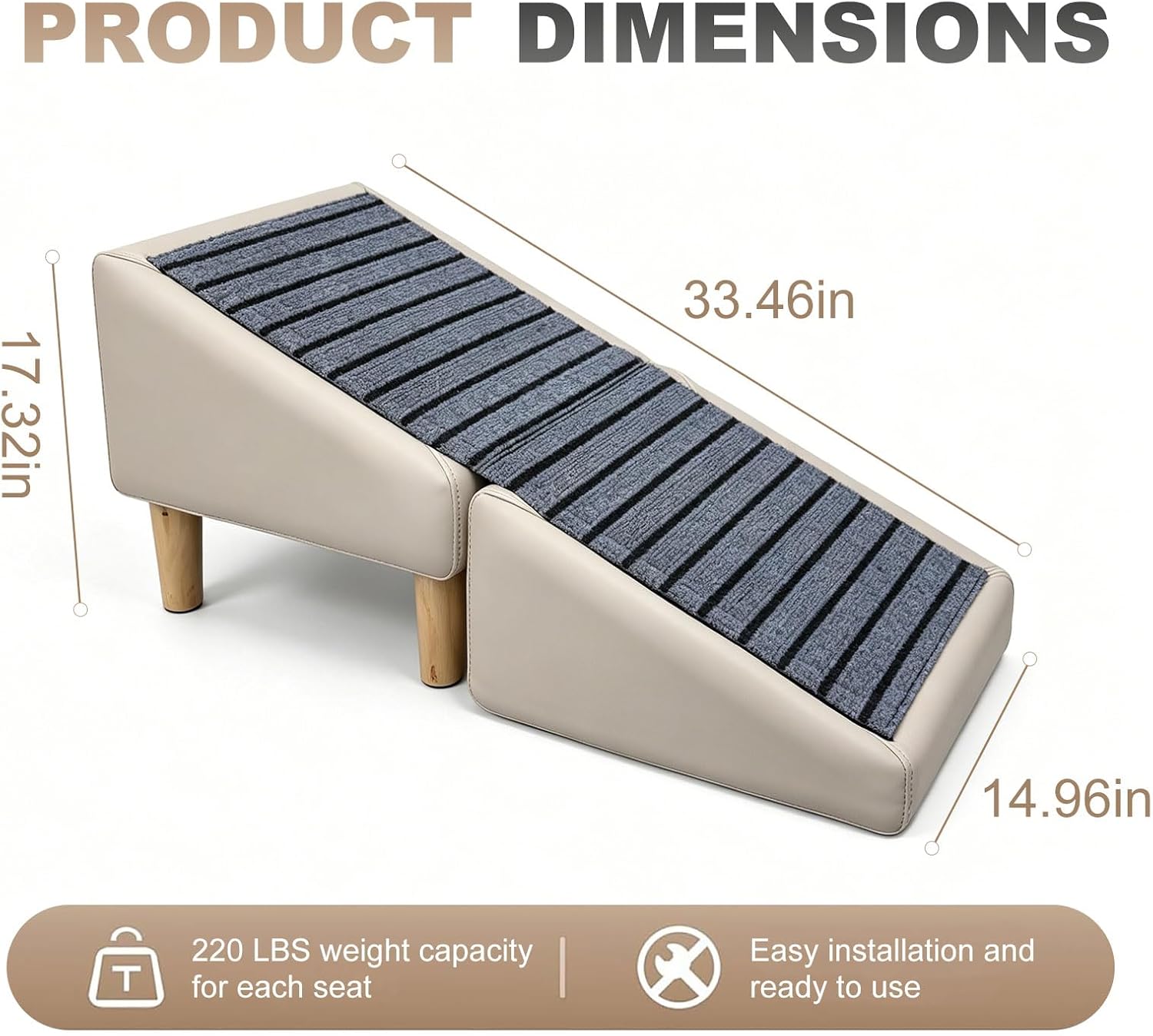 2-in-1 Split Ottoman Dog Ramp, Folding Pet Steps with Gentle 23° Incline, Portable Dog Stairs for Couch Bed, Perfect for Older Dogs, Khaki (20.08")