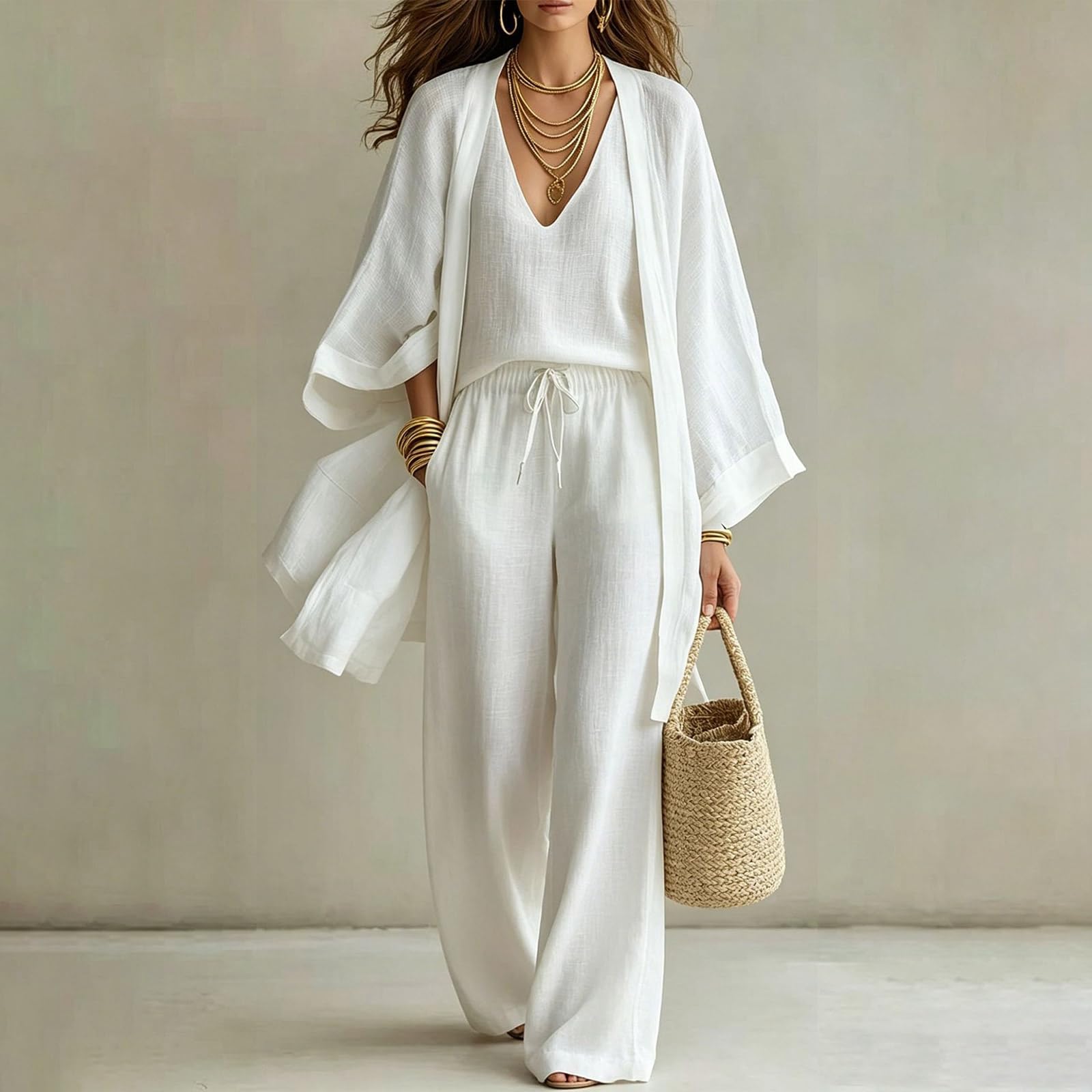 Hosenanzug Damen Musselinanzug Sommer Hausanzug Einfarbig Sommeranzug Elastisch Bund Hose Leinenanzug Frauen 2 Teiler Lässig Loungewear Bequem Jogginganzug Baggy Streetwear Für Büro Reisen