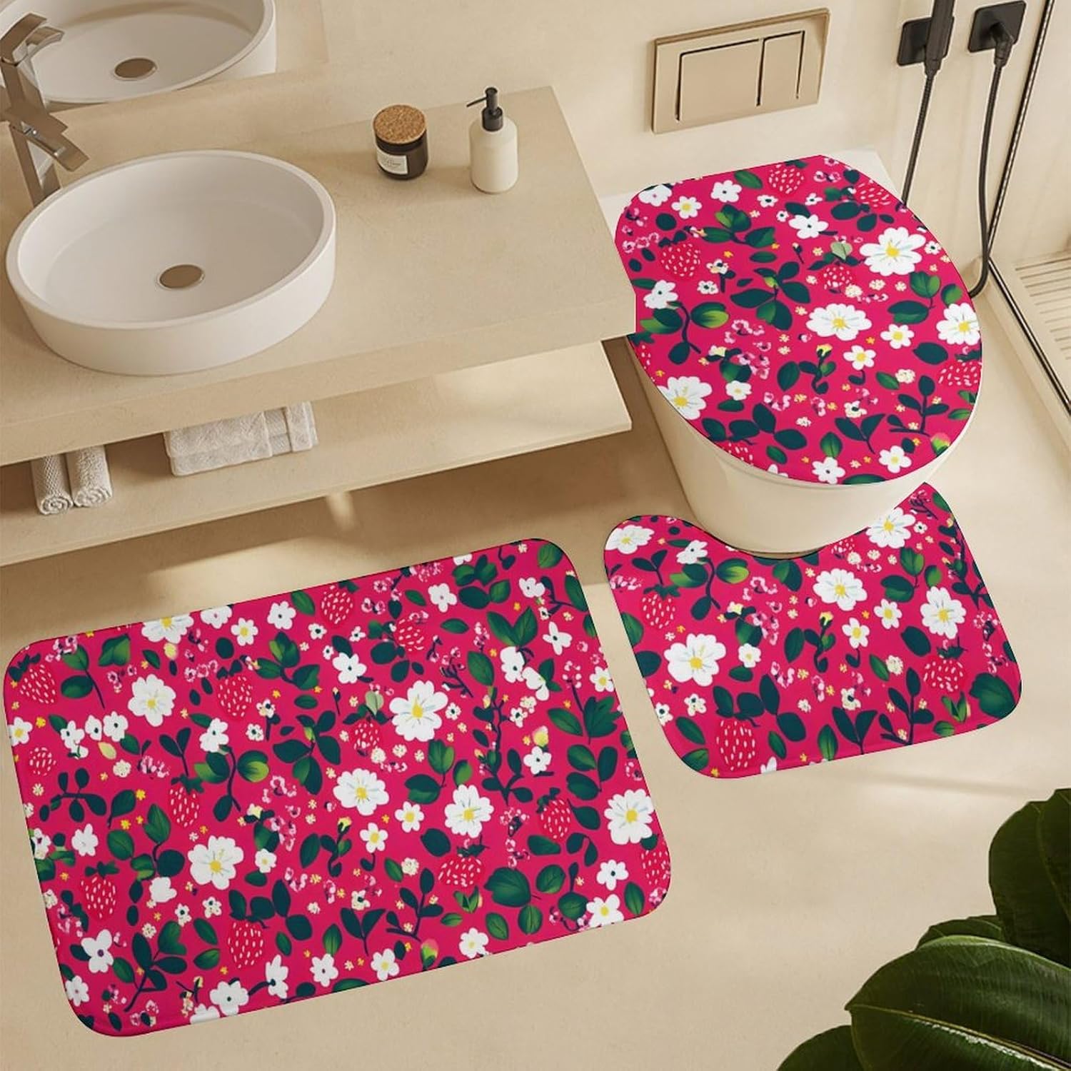 Strawberry Flowers Florals Leaves Bathroom Sets with Shower Curtain and Rugs 4 Piece with U-Shaped Floor Mat Toilet Lid Cover