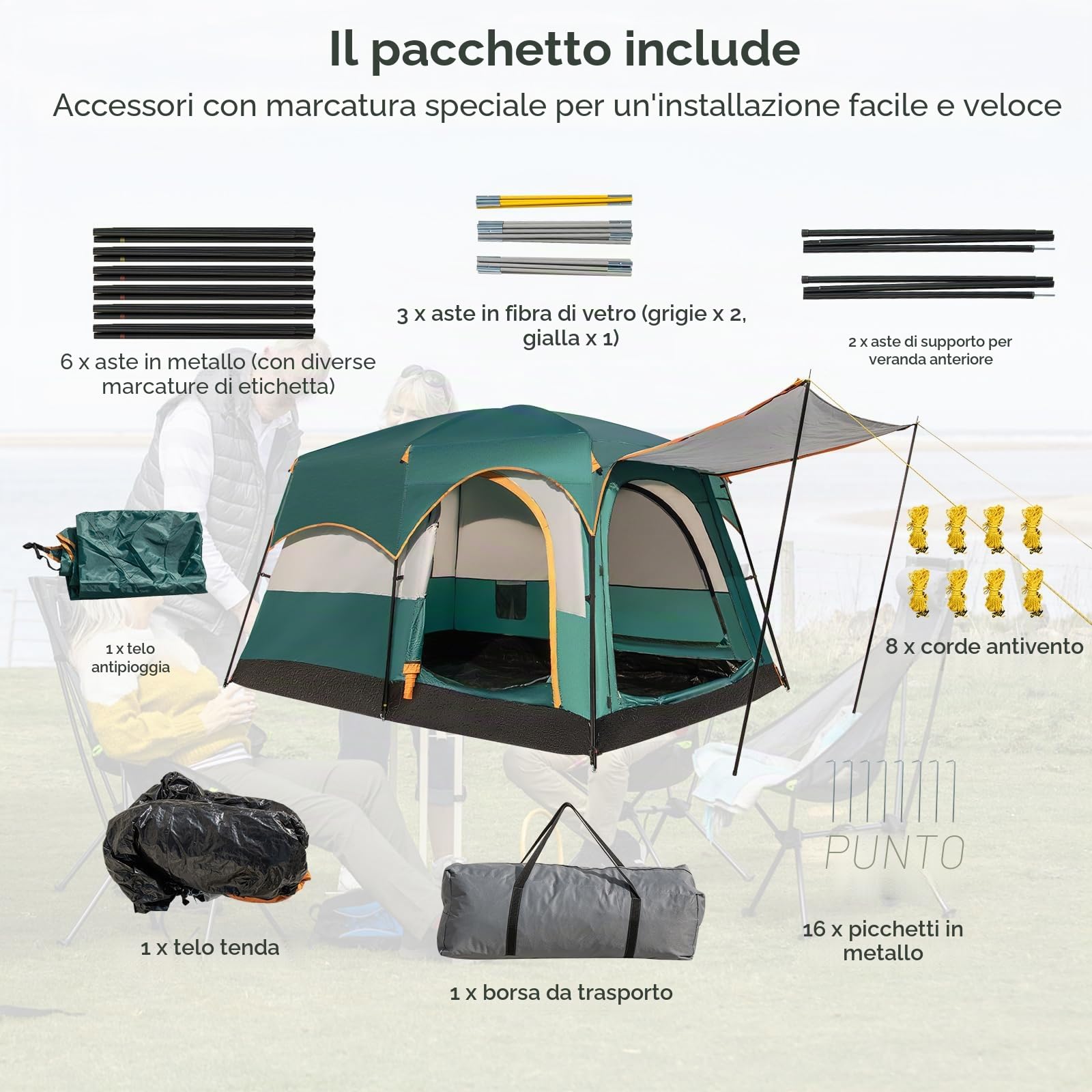 HOMASIS Tenda a Tunnel per 4-6 Persone con 2 Divisori e 3 Ingressi, Tende con Avancorridoio e Tappetino, Tenda Familiare con Borsa per il Trasporto per Campeggio, Trekking e Escursioni