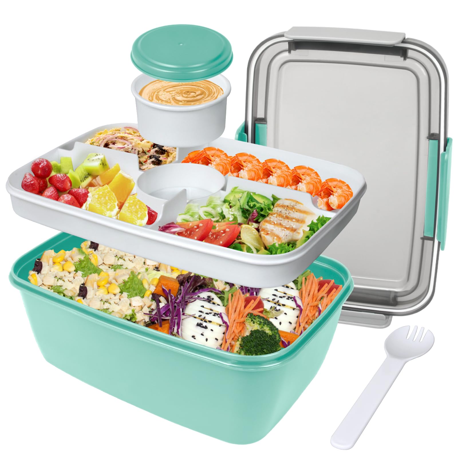 Salad Containers, 2000ml Large Salad Lunch Box for Adults, Leak Proof Salad Bowl Bento Boxes with 5-Compartment Tray, Lid, Dressing Pots, Cutlery for Work Picnic Packed Food Fruit Snack, Green