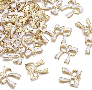 Pandahall 100pcs Bowknot Alloy Enamel Charms 19.5x17.5x3mm White Bowknot Gold Plated Dangle Charms for Jewelry Making Valentine's Day Accessories Wedding Favours Finding Supplies