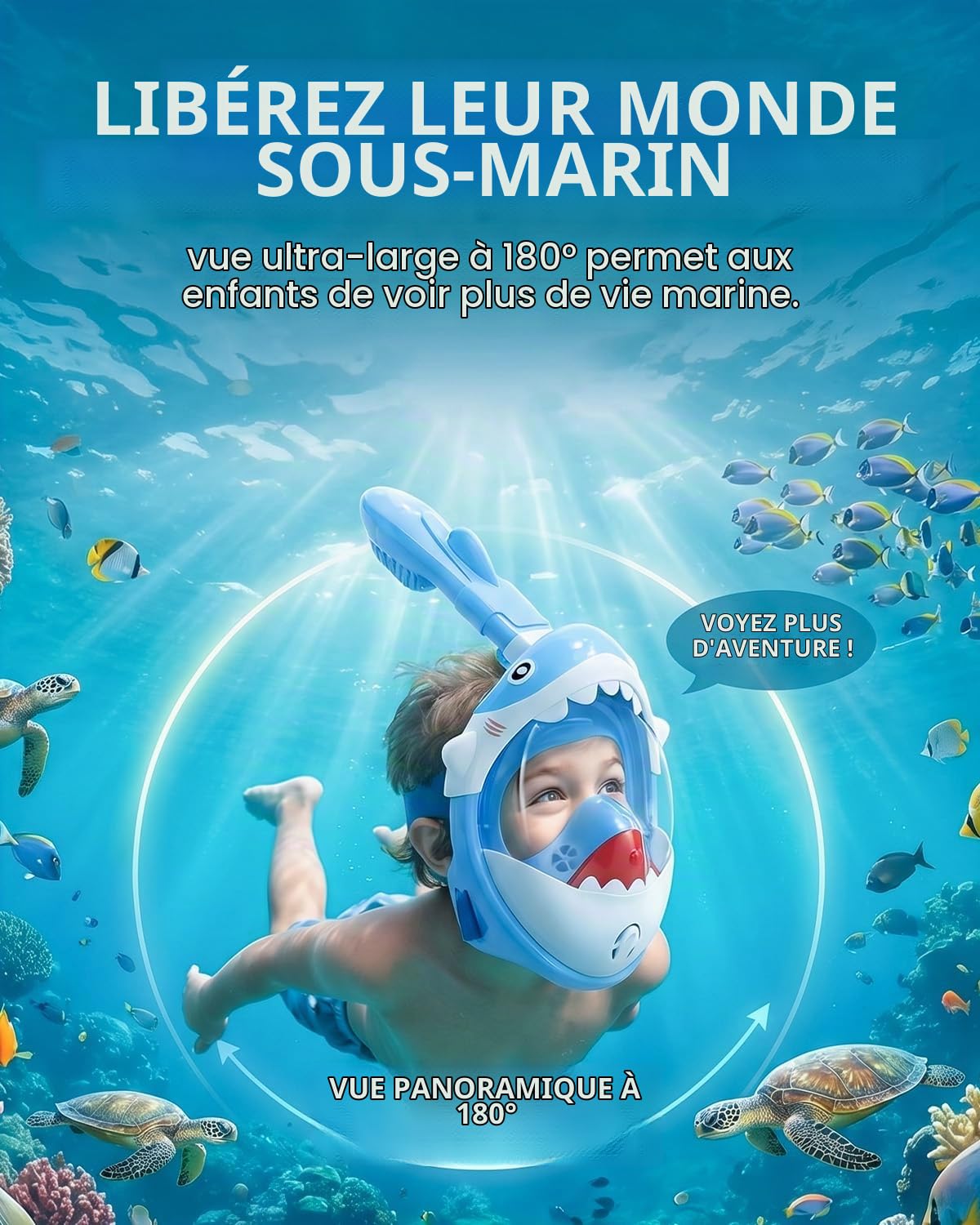 Masque de plongée intégral pour enfants de 5 à 10 ans, vue super haute définition à 180°, anti-buée, anti-fuite et fonction supérieure sèche pour enfants