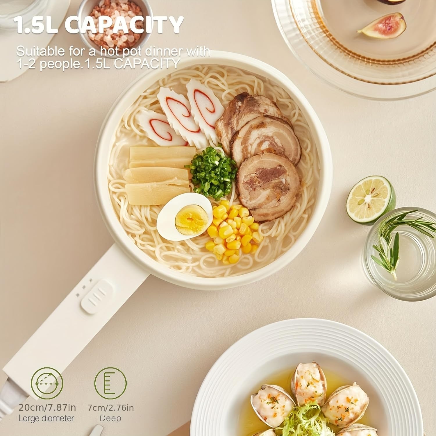 Electric Hot Pot 1.5L Mini Cooker with Steamer, Portable Ramen Cooker Multi-Function Cooking Pot for Dorm, Small Kitchen, Soup, Noodles, Rice