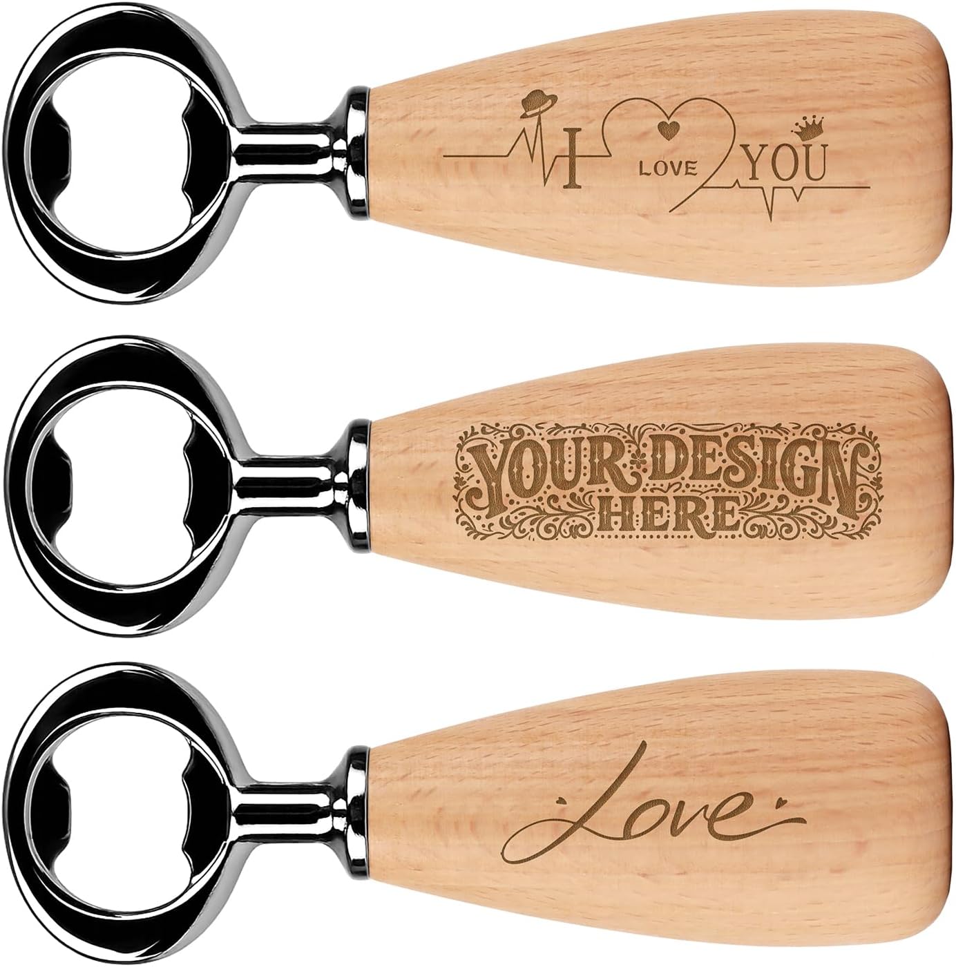 Apsire Custom Beech Wood Bottle Opener, Engraved Stainless Steel Opener with Wooden Handle, Wedding Beverage Opener - Large