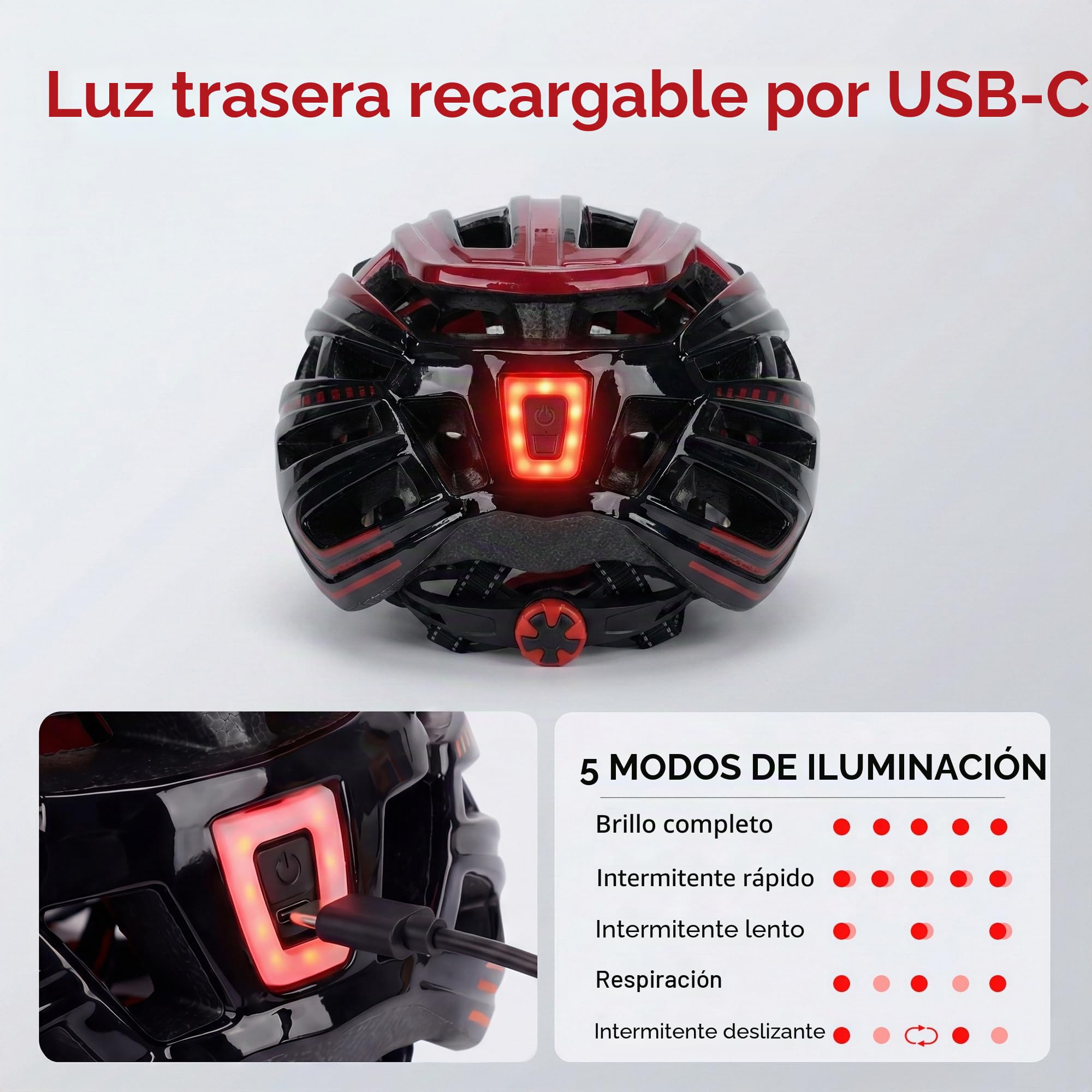 RLQA Casco Bicicleta Adulto – Casco MTB y Bici con Visera Magnética Desmontable y Gafas, 24 Orificios de Ventilación, Luz Trasera LED y Talla Ajustable