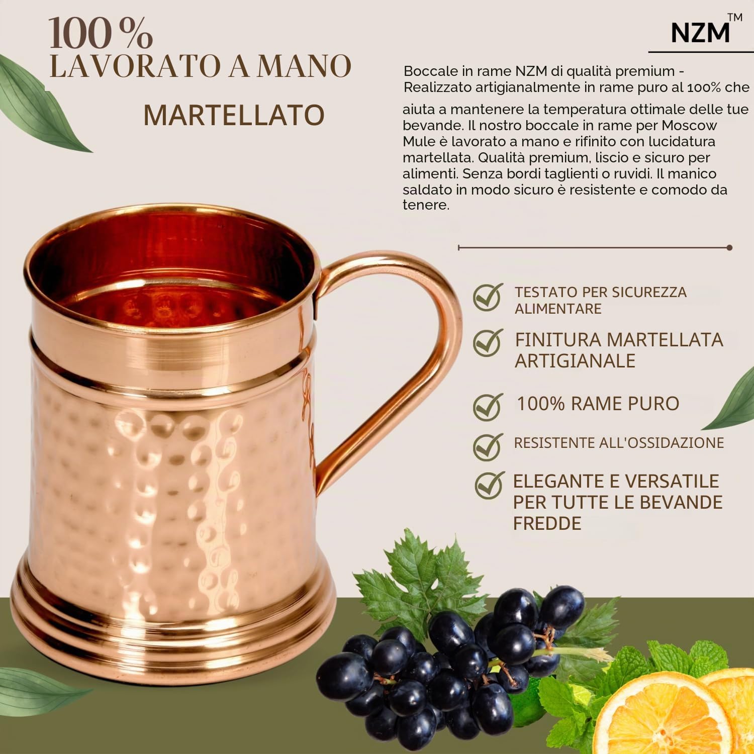 NZM Tazza in rame martellato di alta qualità, realizzata a mano al 100% in puro rame, grande boccale da birra da 623,7 g, mantiene le bevande fredde più a lungo, regalo perfetto per Moscow Mules