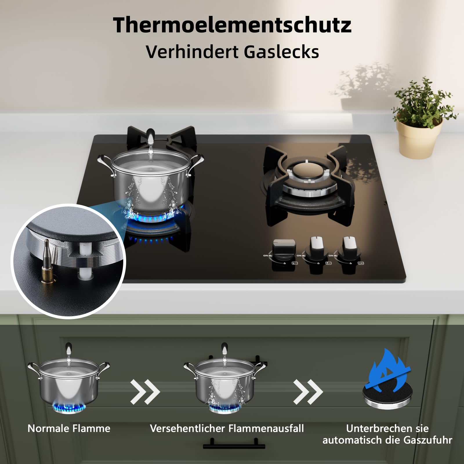 WEHIMO Gaskochfeld 3 Flammig 59cm, Glas Einbau-Gaskochfeld, 7750W, 3 Zonen Gaskochfeld für Propangas und Erdgas, 3 Kochzonen (3300W+2700W+1750W), Schwarzes Glas, Geeignet für Alle Töpfe