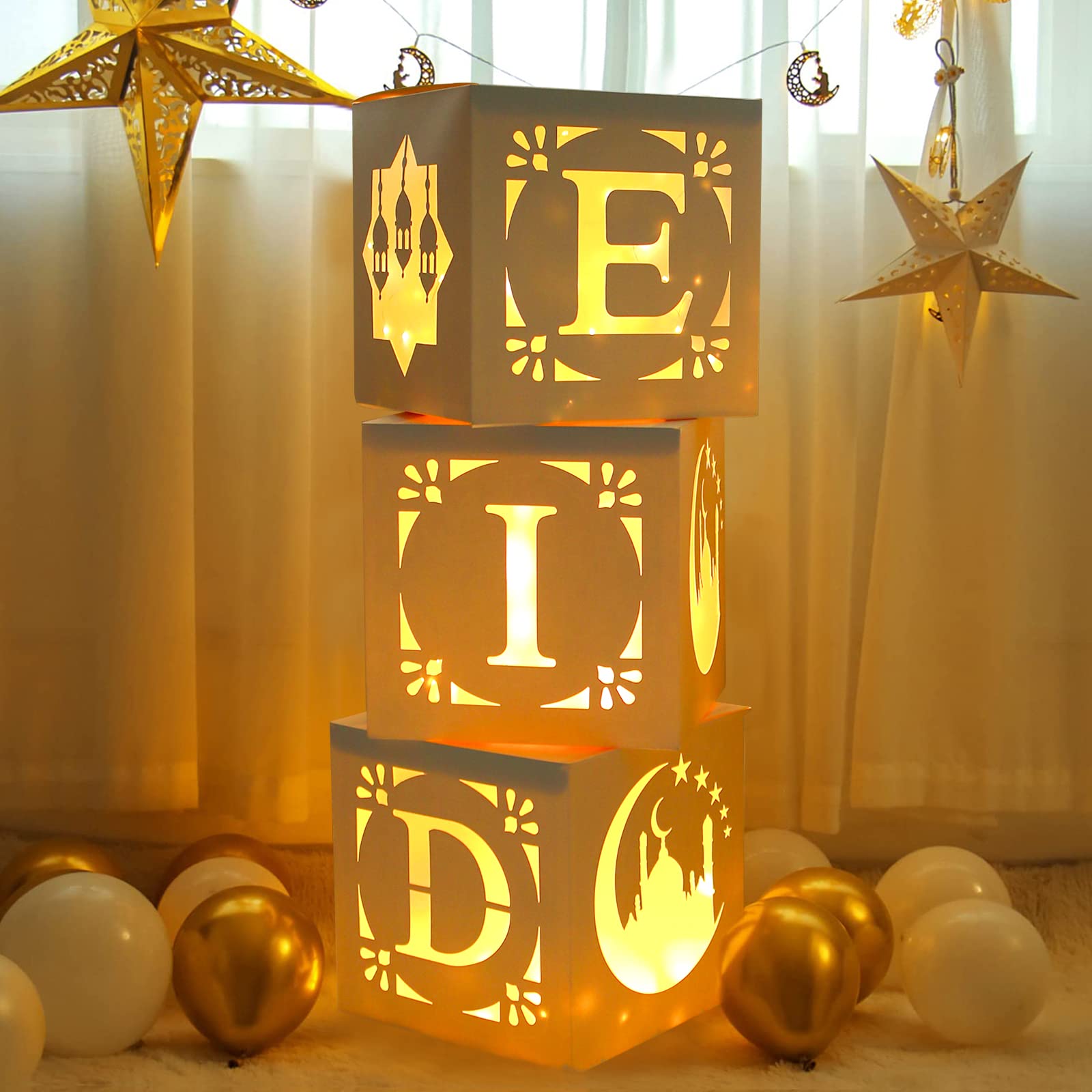 Eid Mubarak Decorations for Home - 3Pcs White Eid Box with String Lights, Eid Mubarak Boxes Printed with Eid Elements Moon and Star Decorations,Ramadan Decorations for Home Umrah Mubarak Party Bags