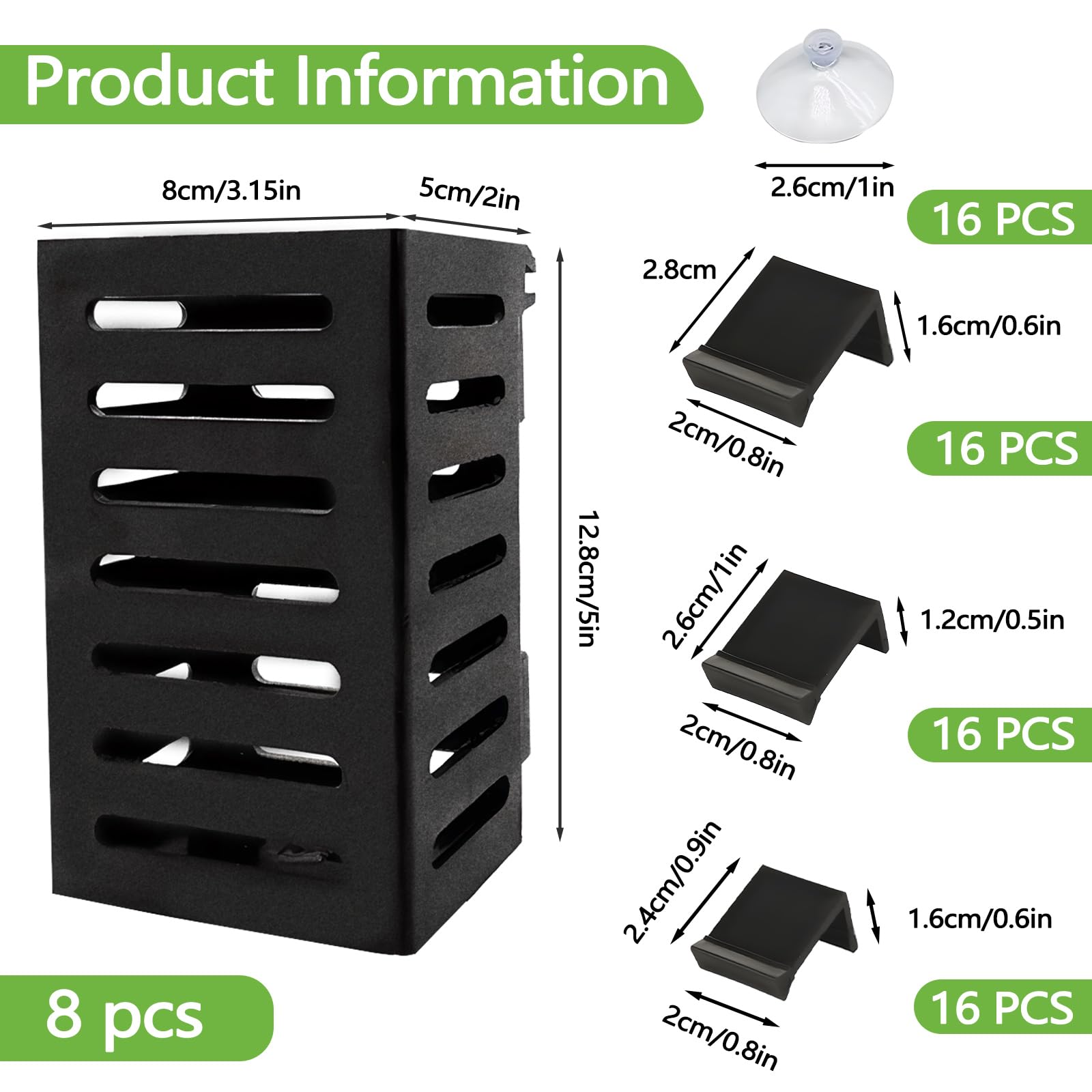 Roucerlin Plastic Aquarium Plant Holder, Black Fish Tank Plant Holder with Hooks & Suction Cups, Hanging Aquarium Planter Basket Cups Pot for Live Decoration Accessories (8 Pack)