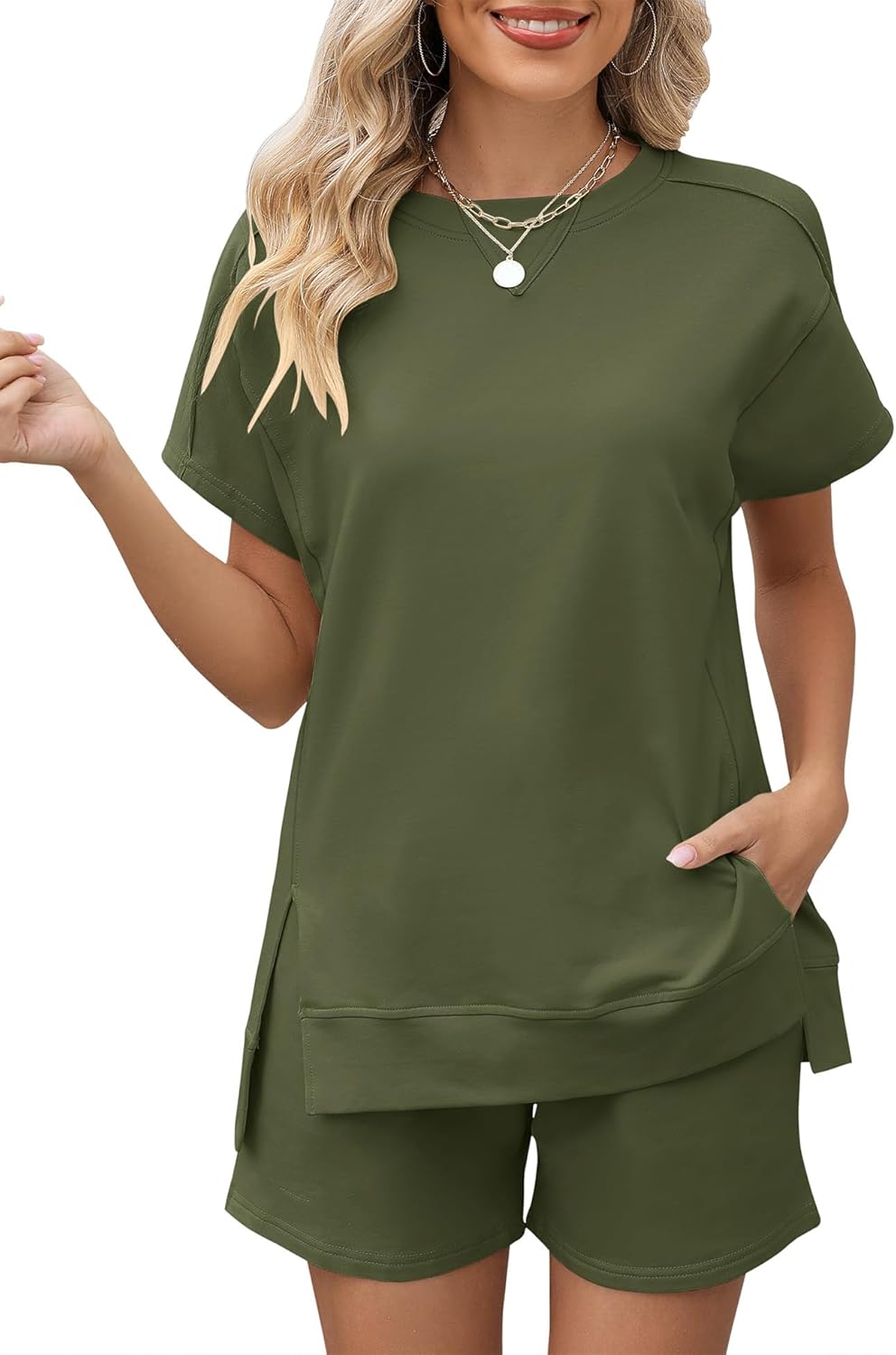 LOMON Womens Fashion 2 Piece Outfits Sweatsuits 2026 Summer Short Sleeve Loungewear Tracksuit Round Neck Lounge Shorts Sets