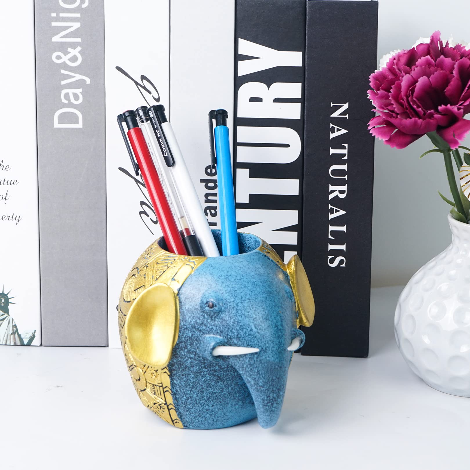 Cute Elephant Pen Holder - Resin Desktop Organizer With Stone Texture For Office & Home Decor