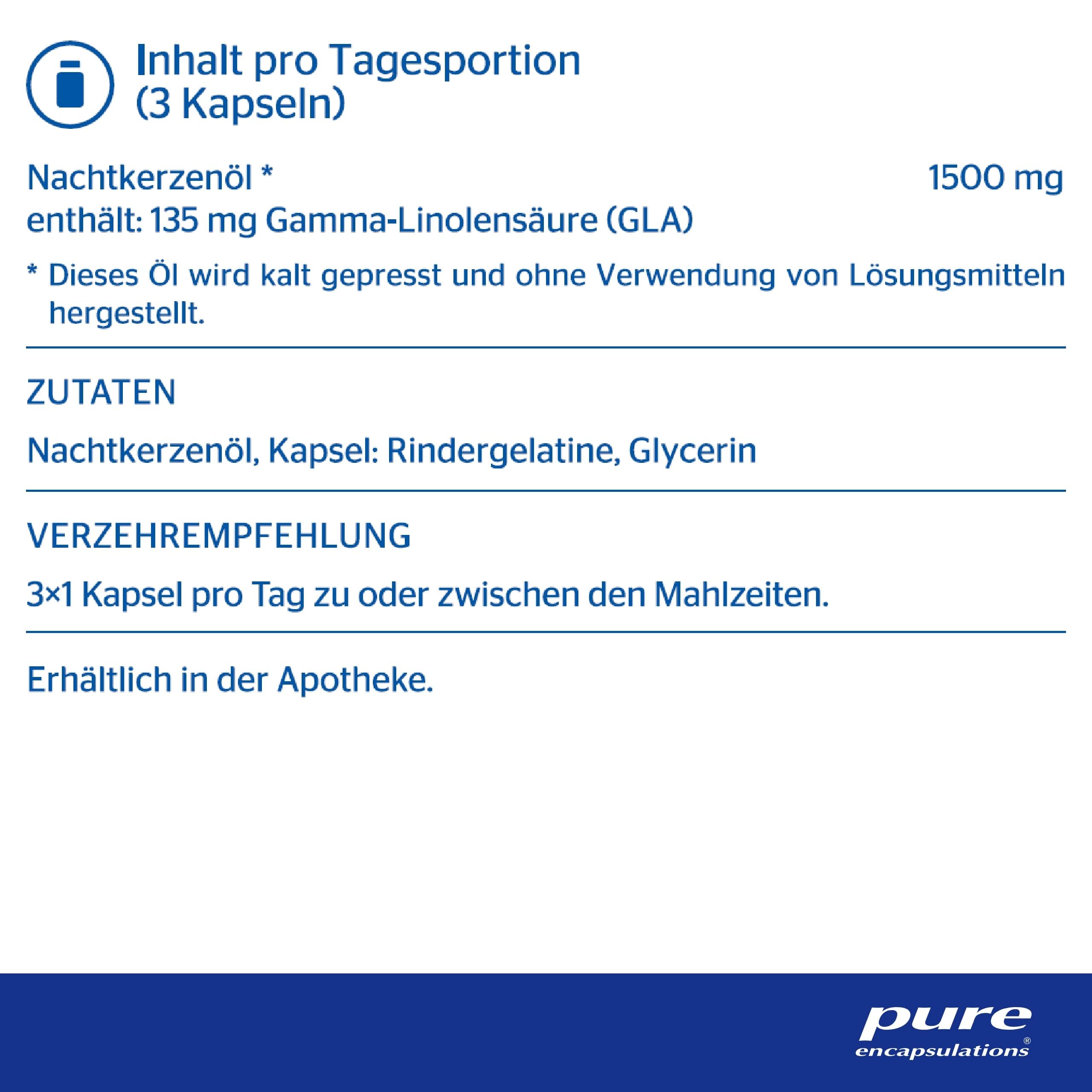 Pure Encapsulations - Nachtkerzenöl - Kalt gepresst, 9% Gamma-Linolensäure, Skincare Nahrungsergäzungsmittel - 100 Kapseln