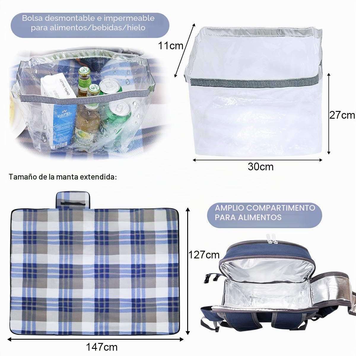 Sunflora Mochila Picnic 4 Personas para Picnic, Cesta Picnic con Manta de Picnic Isotérmica y Compartimiento Desmontable y Botella Titular de Vino de Camping Blosa Picnic(Azul Marino)
