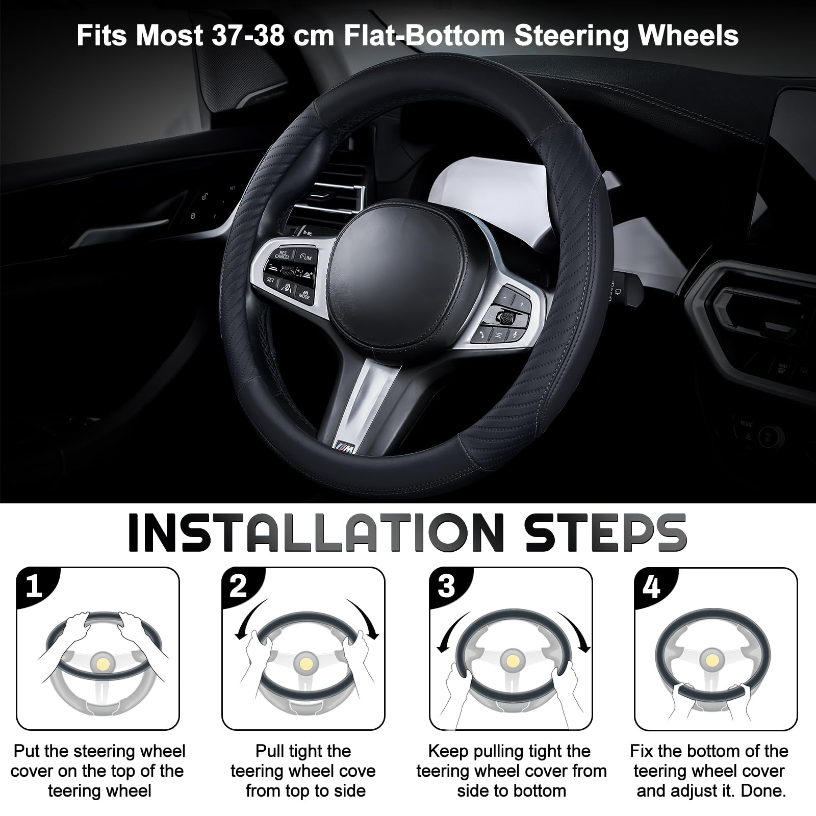 Car Steering Wheel Cover Leather - Soft Microfiber Steering Wheel Cover Universal Size M 37-38cm /14.5-15inch, Anti-slip, Breathable, Black — view 2