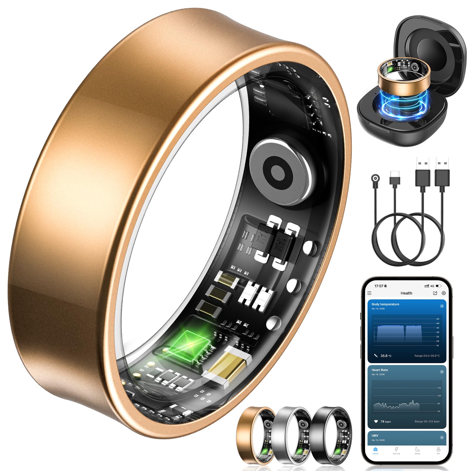 NAIXUES Smart Ring Herren Damen, Fitness Ring Tracker mit Gestensteuerung, Herzfrequenz(HRV), SpO2, Schlaftracker, 170+ Sportmodi 5ATM Wasserdicht Smartring für Android und iOS, Size 9, Gold