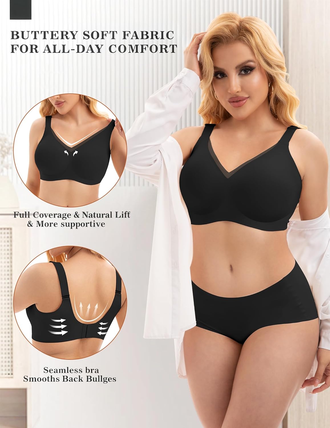 PoseFree Womens Wireless Bras Supportive Tshirt Bra No Underwire Seamless Push Up V Mesh Comfortable Bralette Everyday Bras - Image 2