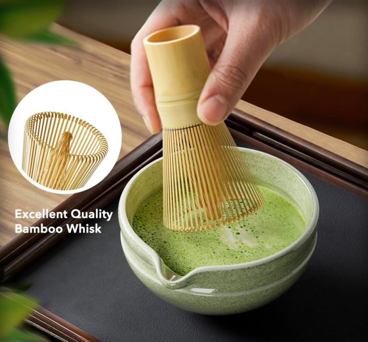 Matcha Tea Ceremony Set, Green Ceramic Bowl with Whisk, Holder, Scoop, and Mat