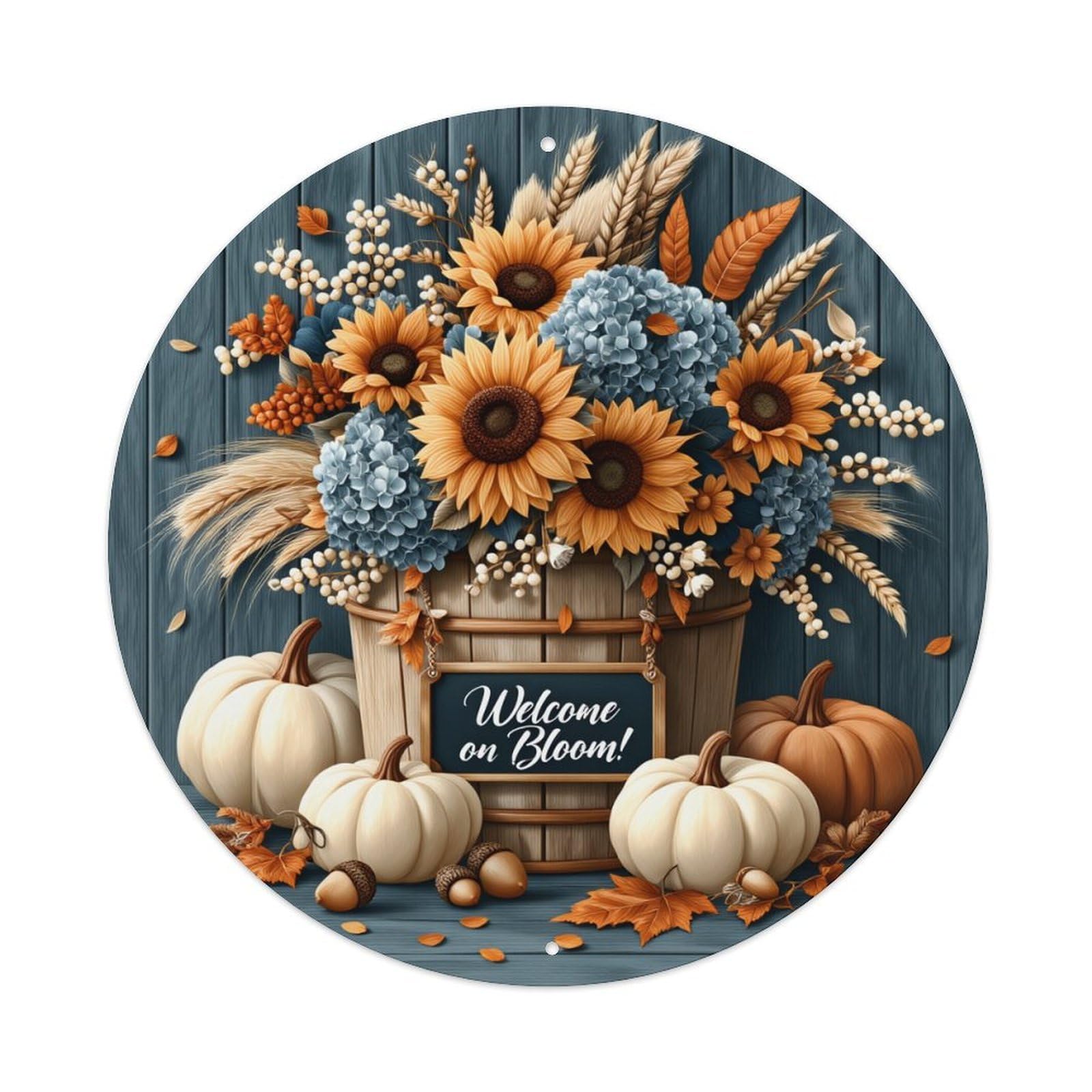 Autumn Floral Bucket Pumpkins Leaves Round Tin Sign Vintage Metal Poster, Home Bar Garage Man Cave Cafe Indoor & Outdoor Wall Decoration 8x8Inches