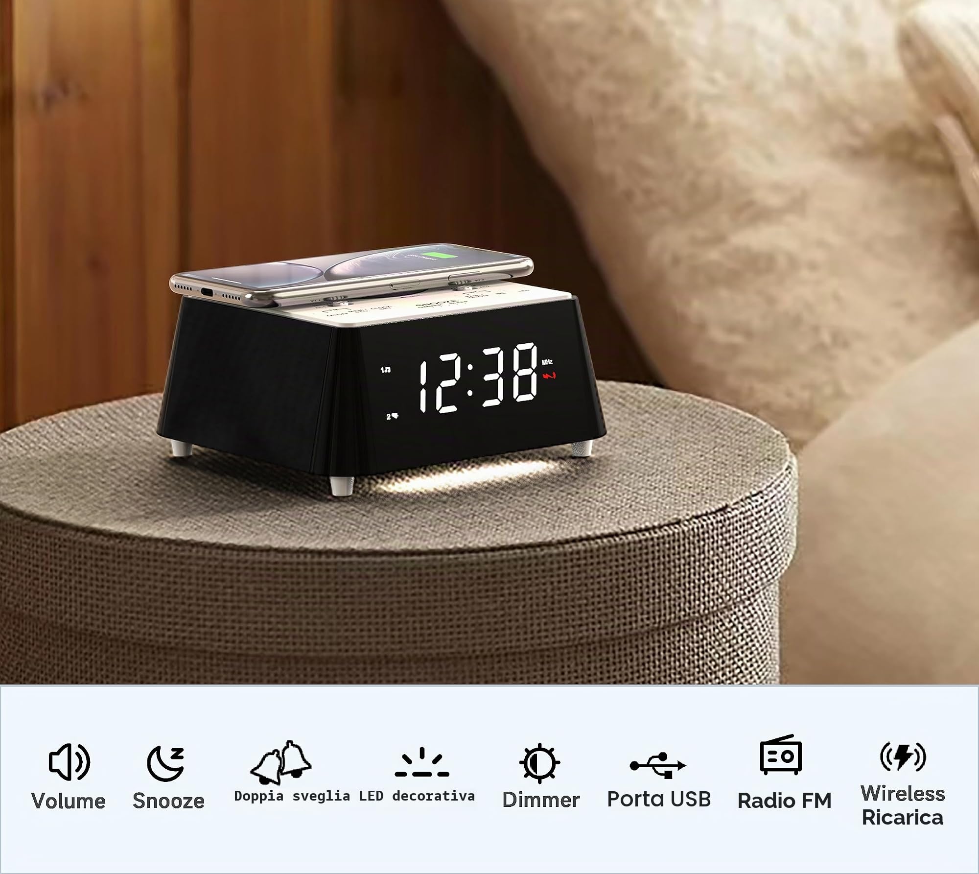 iTOMA Radiosveglia con Ricarica Wireless con Altoparlante Bluetooth, Radio FM da Comodino, Doppia Sveglia con Snooze, Ricarica USB, Luce Notturna e Display Dimmerabile 205