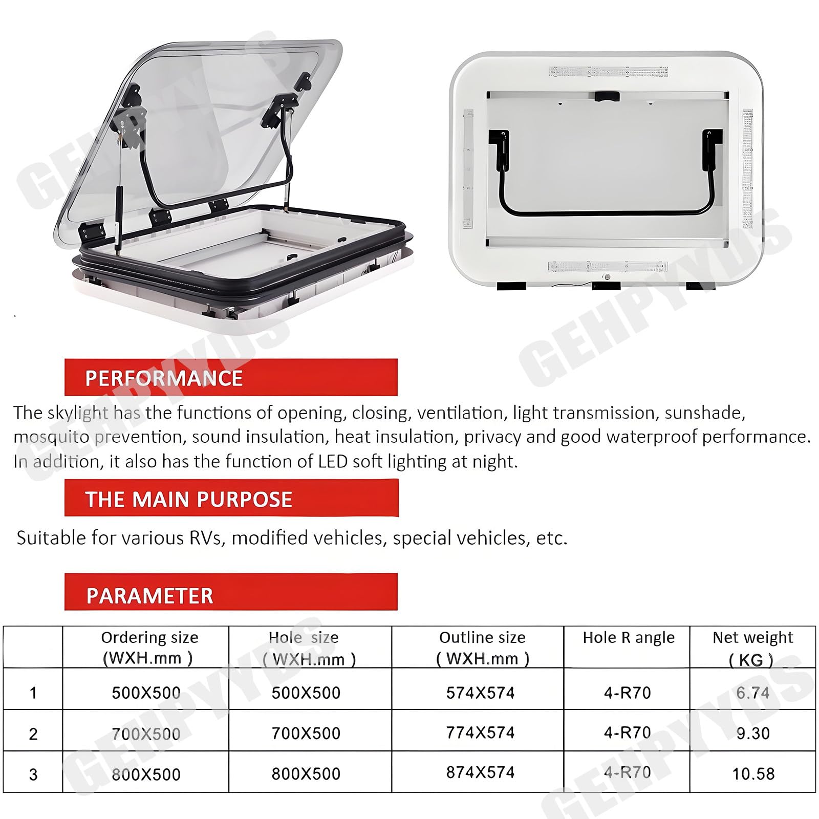 Ventilación de techo para autocaravana,trampilla de techo universal para autocaravana,ventanas y claraboyas para RV,kit de ventilación para ventana de techo de caravana grande con luces LED,80x50cm