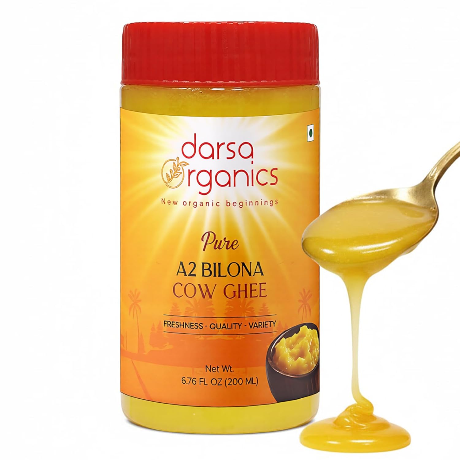 Darsa Organics A2 Bilona Ghee 200ml - Golden Aromatic Grass Fed Ghee - Hand Churned Clarified Butter from Gir Cow Milk, Smooth Nutty Rich Flavor Ghee for Cooking, Baking, and Drizzling