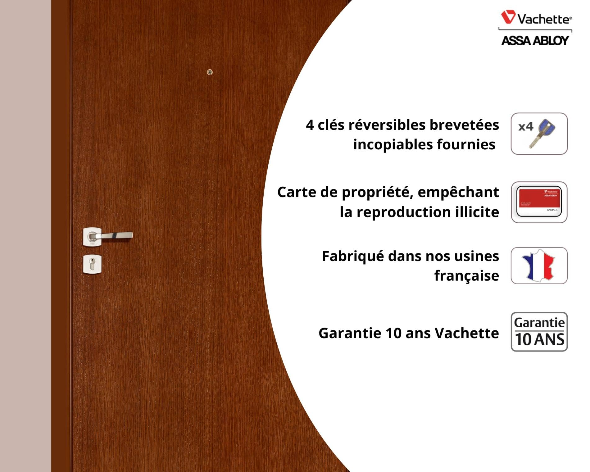 Vachette RADIALis - Cylindre de Serrure à Bouton 32,5x32,5mm, Sécurité Maximale - Anti perçage, bumping, crochetage, casse - Porte extérieure, porte d'entrée - 3 Clés Incopiables, Carte de Propriété