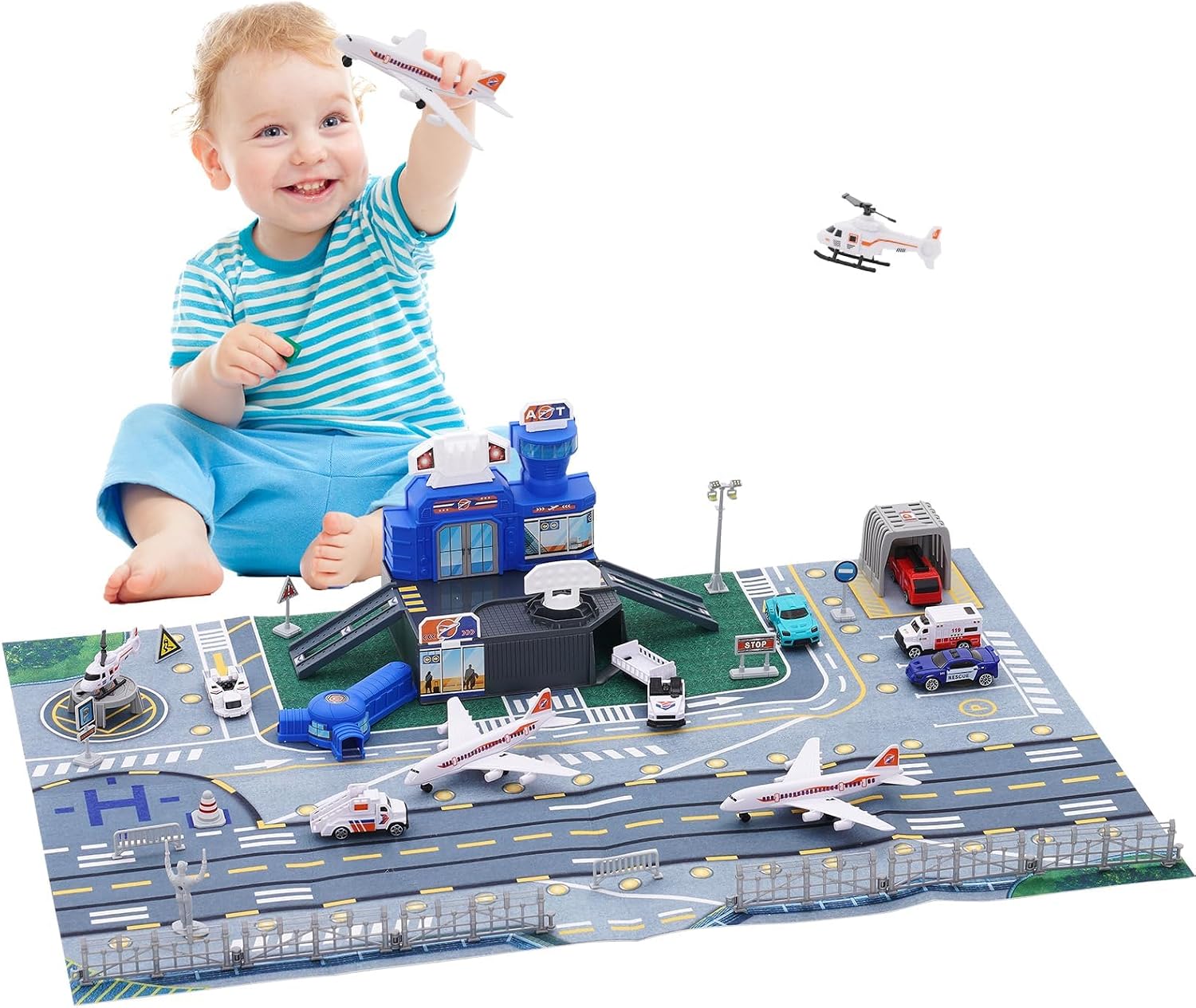 Airplane Toy Set with Trucks, Helicopter, Planes, Signs and Airport Playmat, Interactive Early Learning Toys Great Military Toys Gift for 3 4 5 6 Kids Boys Girls