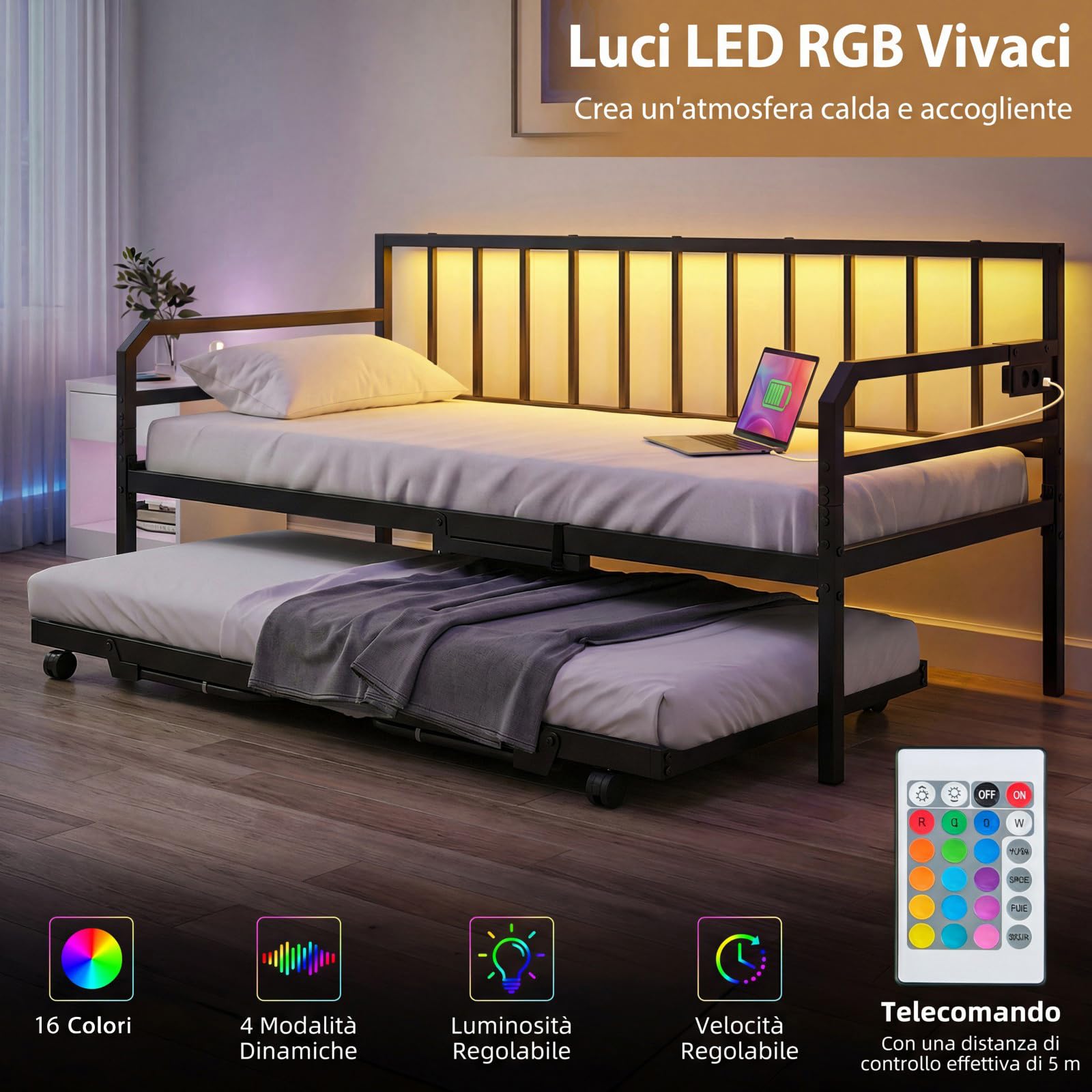 COSTWAY Letto Estraibile, Divano Letto Singolo con Luci LED e Stazione di Ricarica, Lettino Matrimoniale con Struttura in Metallo, 2 Pz 90x200 cm, per Soggiorno e Camera da Letto (Nero)