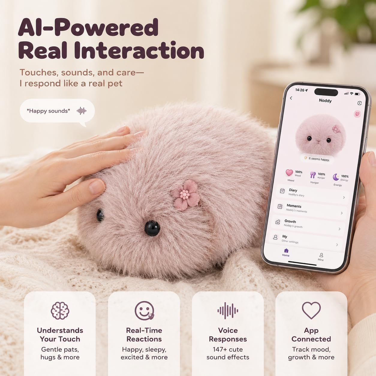 AI Pet Companion - Smart Interactive Companion Toy with Emotional Evolution App Compatibility Memory Relieve Stress for Seniors Adults (Peach-Pink)