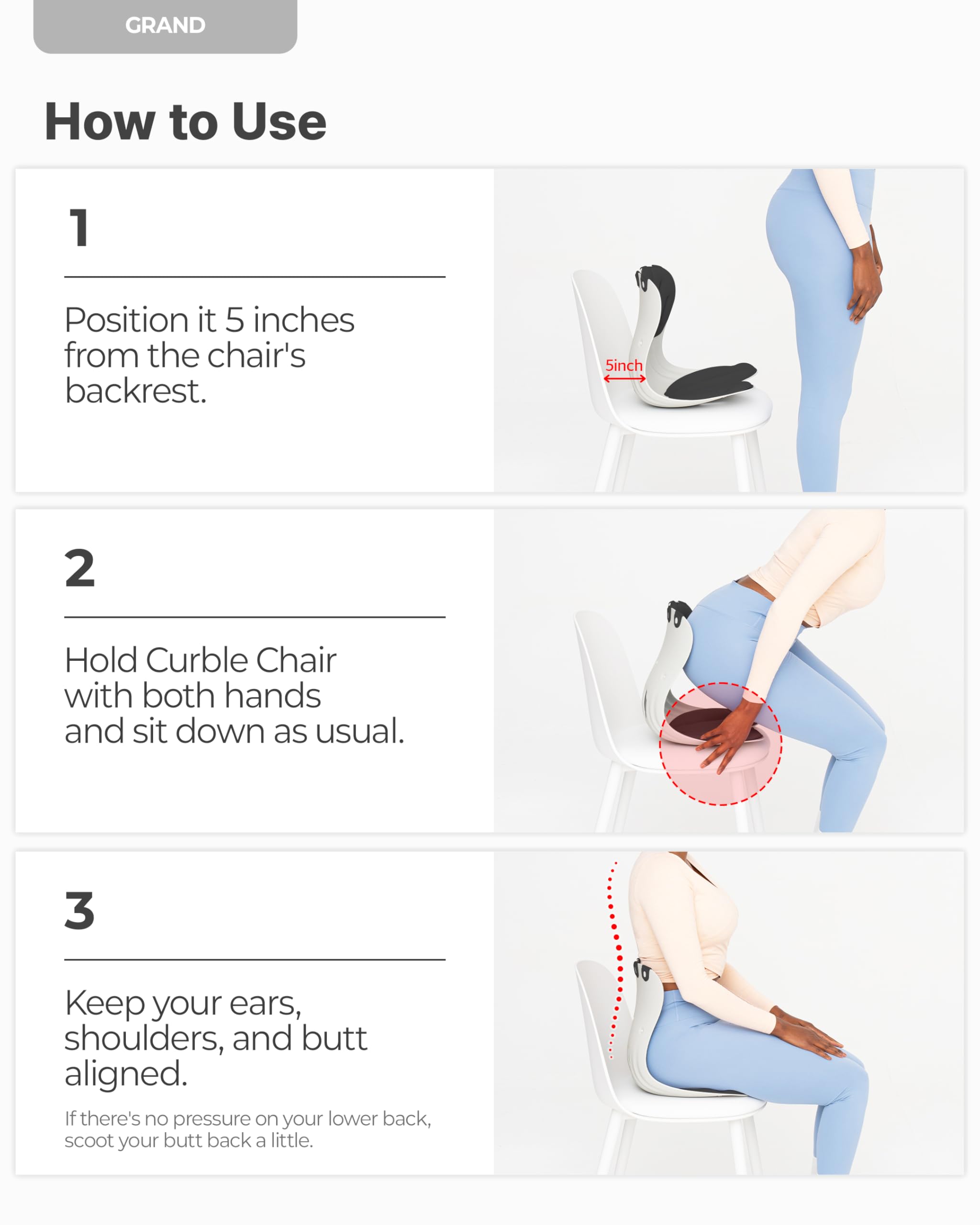 curble Ergonomiczne podparcie oparcia krzesła, podparcie lędźwiowe dla dobrej korekty postawy i łagodzenia bólu pleców, idealne na krzesło biurowe, siedzisko podłogowe i do pracy w domu, opatentowane