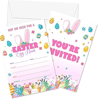 Easter Egg Hunt Brunch Invitations | 20 Pack Bunny Easter Party Invite with Envelopes | 4x6 inch Spring Floral Rabbit Easter Party Decorations Supplies (A06)