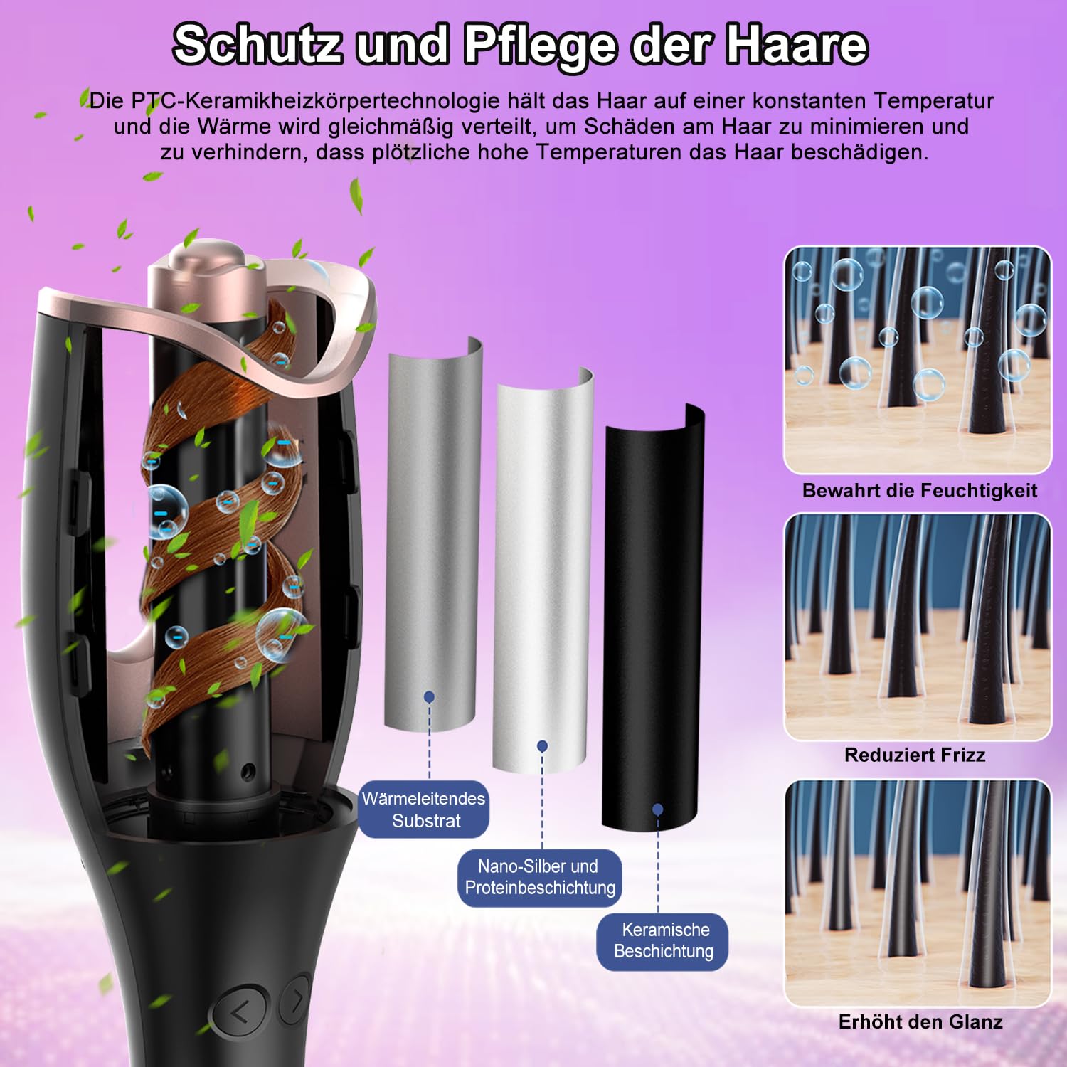 Lockenstab Automatisch, 4 Temperatureinstellungen für Alle Haartypen, 3 Heizzeiten für Vielfältiges Styling, Professioneller Styling Lockenstab (tiefes Schwarz)