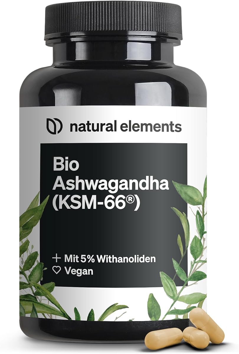 natural elements Bio-Ashwagandha – KSM-66® Premiumrohstoff (180 Kapseln mit überdurchschnittlicher Reichweite) – 5% Withanolid-Gehalt – laborgeprüft, vegan und hochdosiert