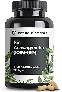 natural elements Bio-Ashwagandha – KSM-66® Premiumrohstoff (180 Kapseln mit überdurchschnittlicher Reichweite) – 5% Withanolid-Gehalt – laborgeprüft, vegan und hochdosiert
