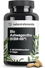 natural elements Organic Ashwagandha - KSM-66 Premium Raw Material (180 Capsules with Above Average Range) - 5% Withanolide Content - Laboratory Tested, Vegan and High Dose