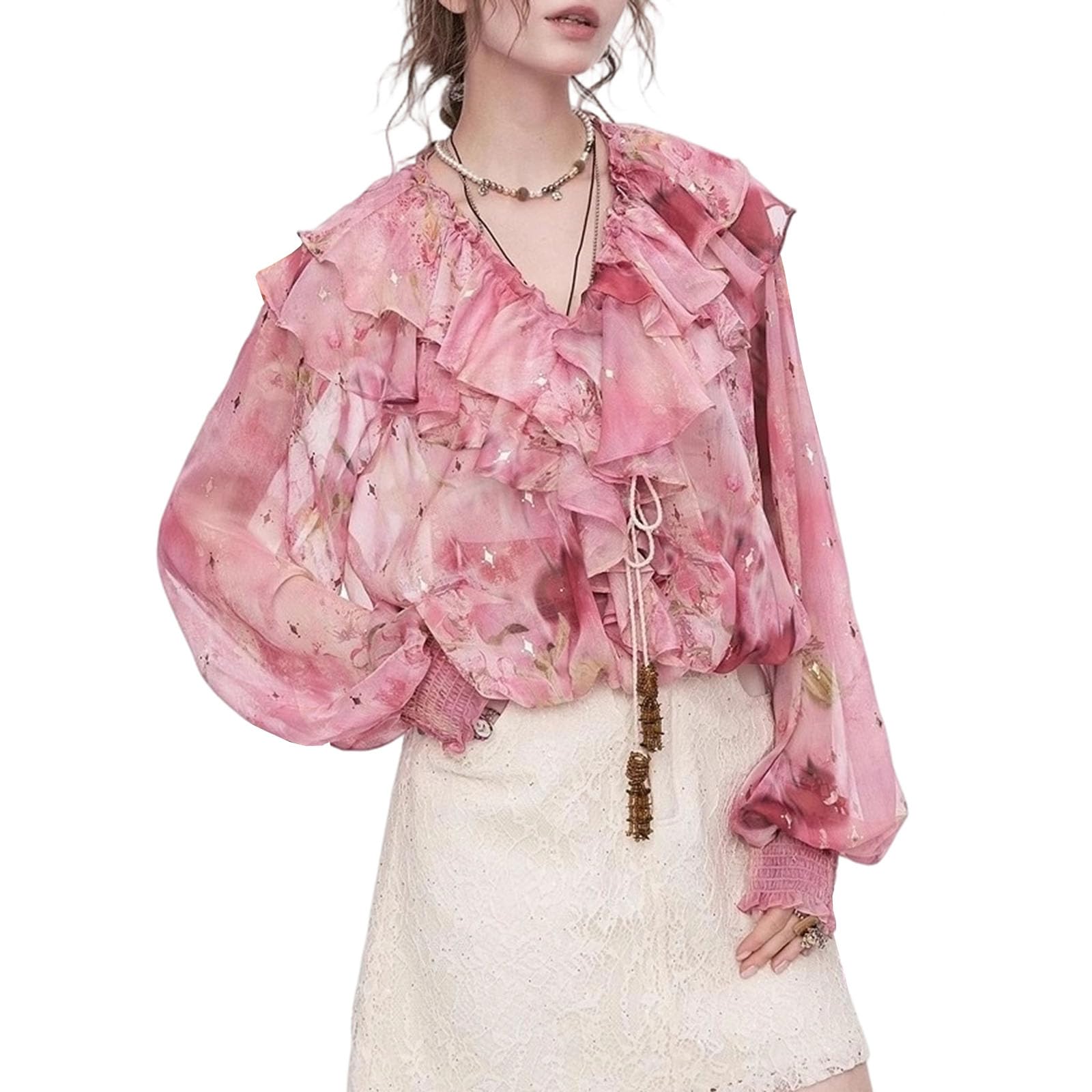 Blouse pour femmes à volants imprimée, col en V, manches longues, tendance, élégante, chemisier en chiffon à fleurs