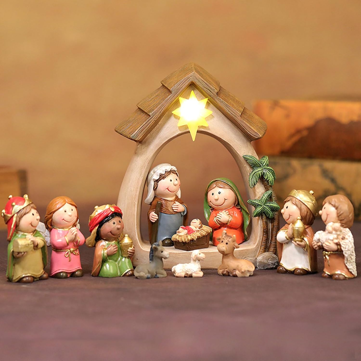 Resin Christmas Nativity Statue Figurines Set Small Resin Figures with LED Light for Indoor and Outdoor Decorations