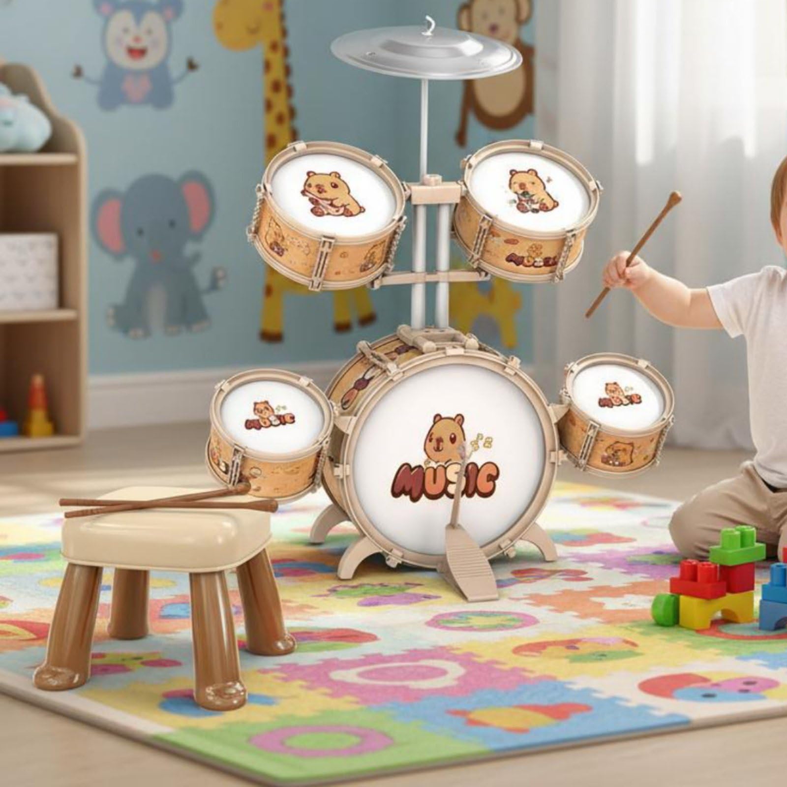 Milageto Batería Infantil Musical Set de Tambores para Niños Kit de Percusión con Platillo y Asiento Construcción Robusta y Segura Estimula Habilidad Motriz y , Capybara