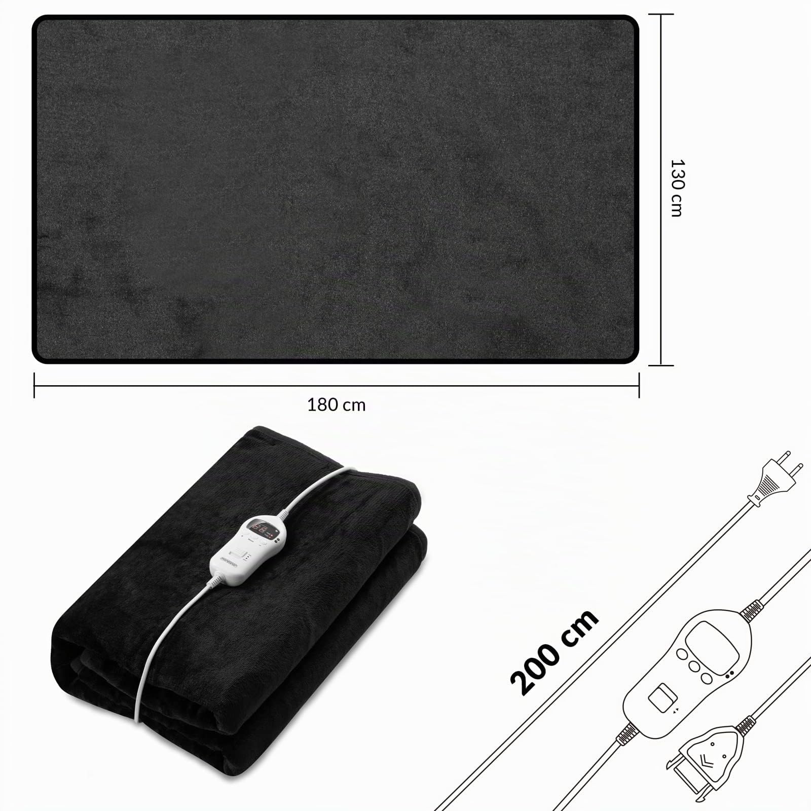 Monzana Coperta Elettrica Riscaldante 180x130cm 10 Livelli Calore Timer Spegnimento Automatico Sottocoperta Letto
