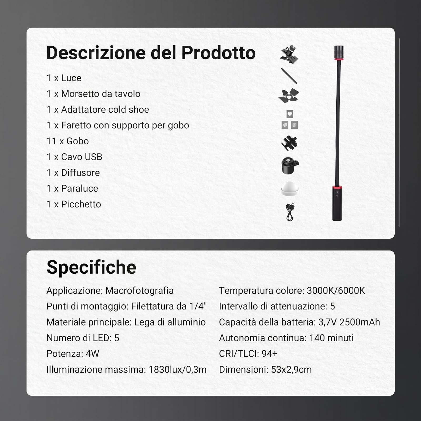 NEEWER BASICS ML01 IP54 Luce LED Flessibile per Macrofotografia | Torcia flessibile da 4W, ricaricabile tramite USB-C, batteria da 2500mAh, CRI95 TLCI99, luminosità di 3100lux a 0,5m
