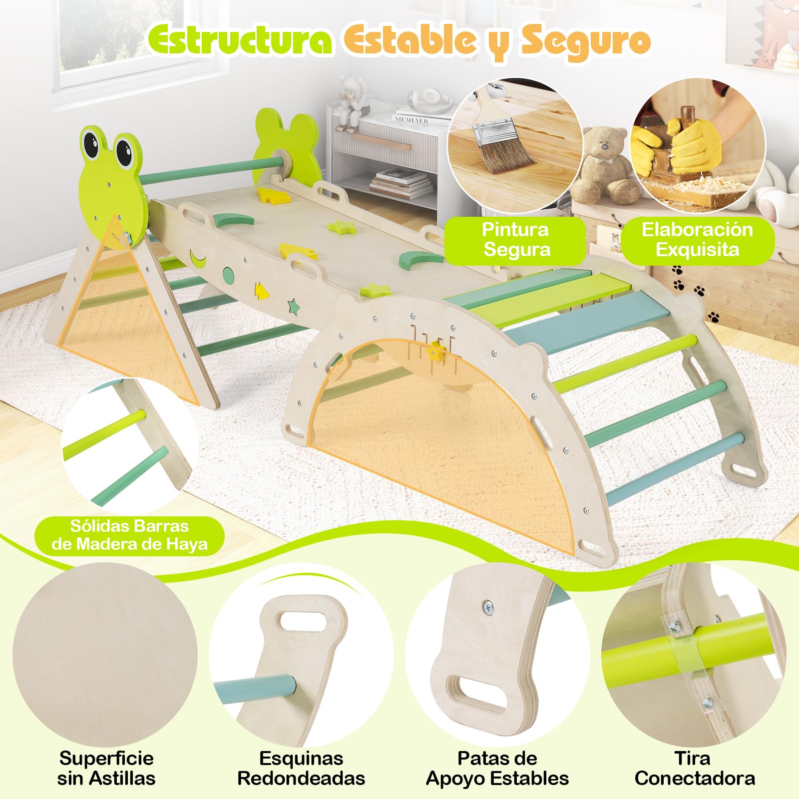COSTWAY Triángulo de Escalada Interior, Estructura de Escalada Plegable con Tobogán, Arco de Escalar, Triángulo de Madera para Niños de 1+ año (Rana-3 Piezas,Verde)