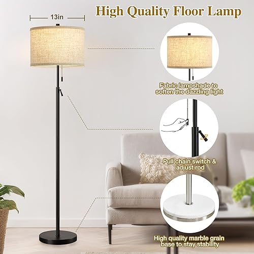 Miniatura 9 de GyroVu Lámpara de pie de mármol, lámpara de pie de altura ajustable con base de mármol, lámpara alta con interruptor de cadena de tracción, lámparas