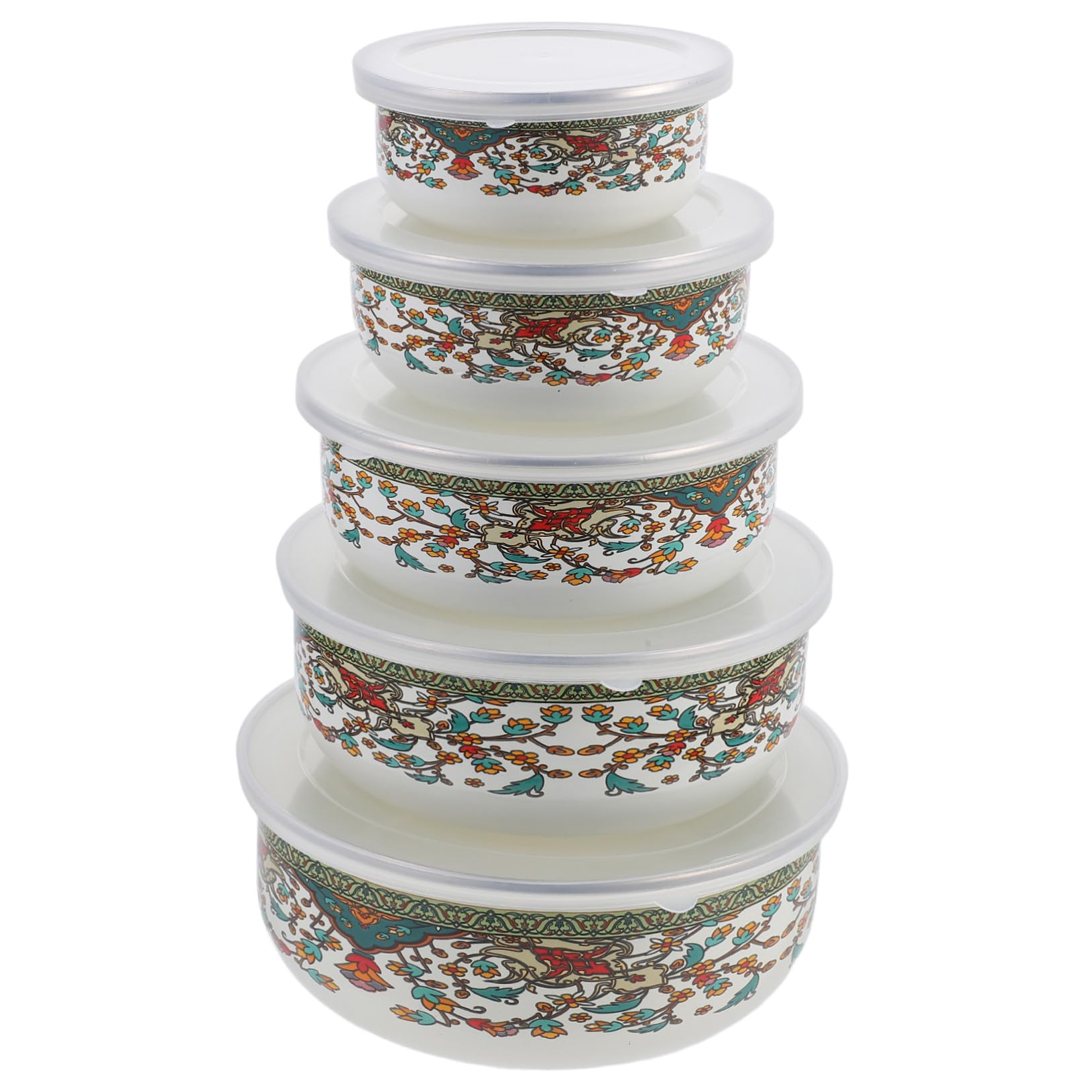Set de 5 Tazones de Esmalte con Tapa, Cuenco Profundo | Fideos y Sopas, Uso en Hogar o Restaurante, Estilo Vintage Chino, Plástico y Esmalte