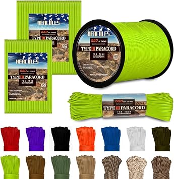 HERCULES Type III Paracord 550 Paracord Rope Parachute Cord, 50 Neon Green for Camping Cord, Survival Rope