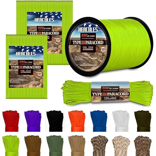 HERCULES Type III Paracord 550 Paracord Rope Parachute Cord, 250' Neon Green for Camping Cord, Survival Rope