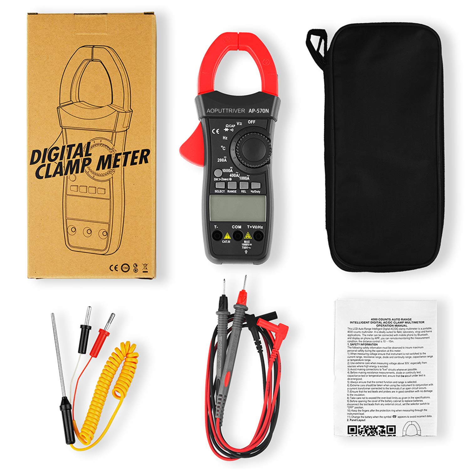 Clamp Meter AP-570N TRMS 6000 Counts Strommesszange AC DC-Strommesszange mit automatischer Reichweite, Widerstand, Kappe, Hz, Einschaltdauer, Temperatur, Einschaltstromtest