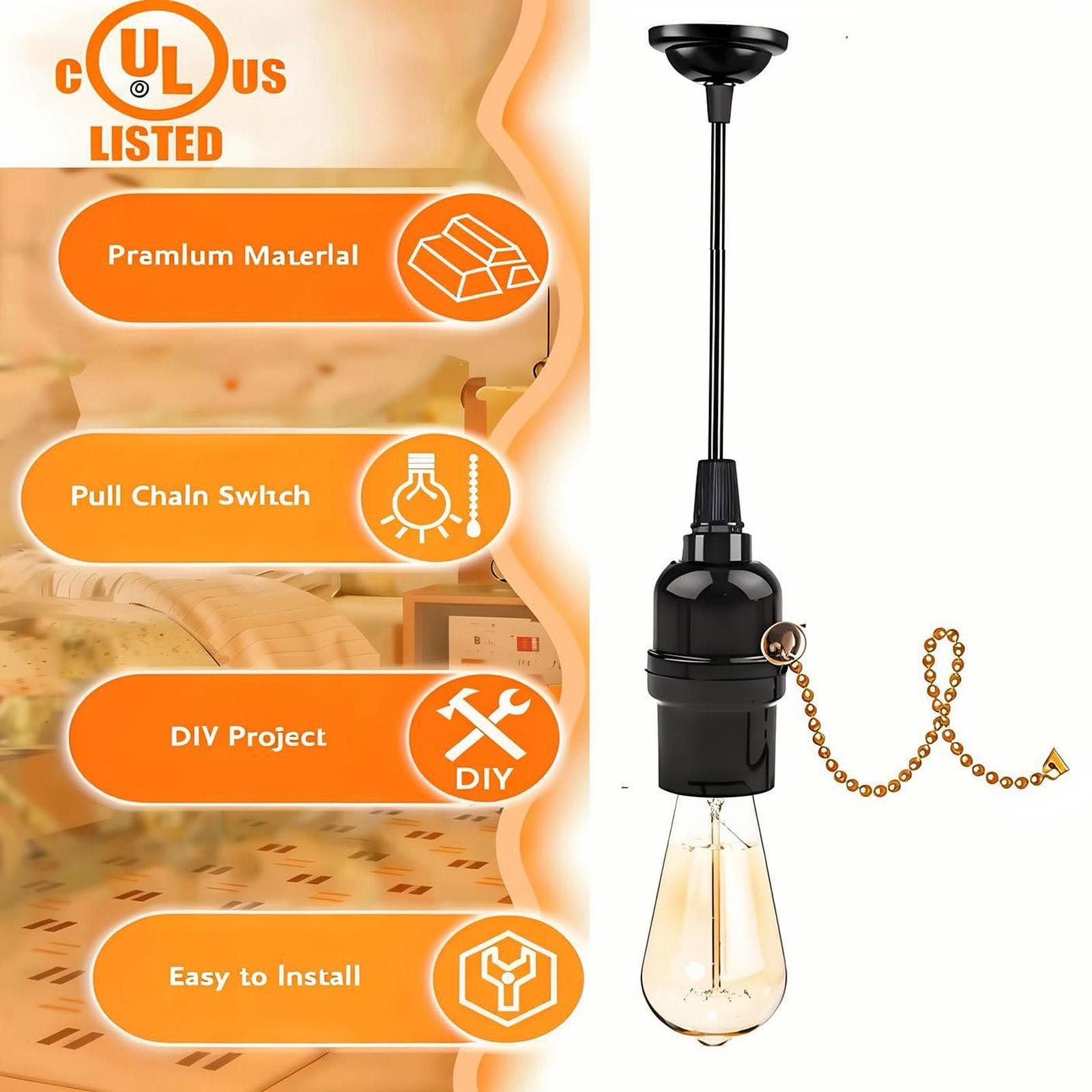 Black Pull Chain Light Socket With Dual Outlets - Easy To Install, 110-125V